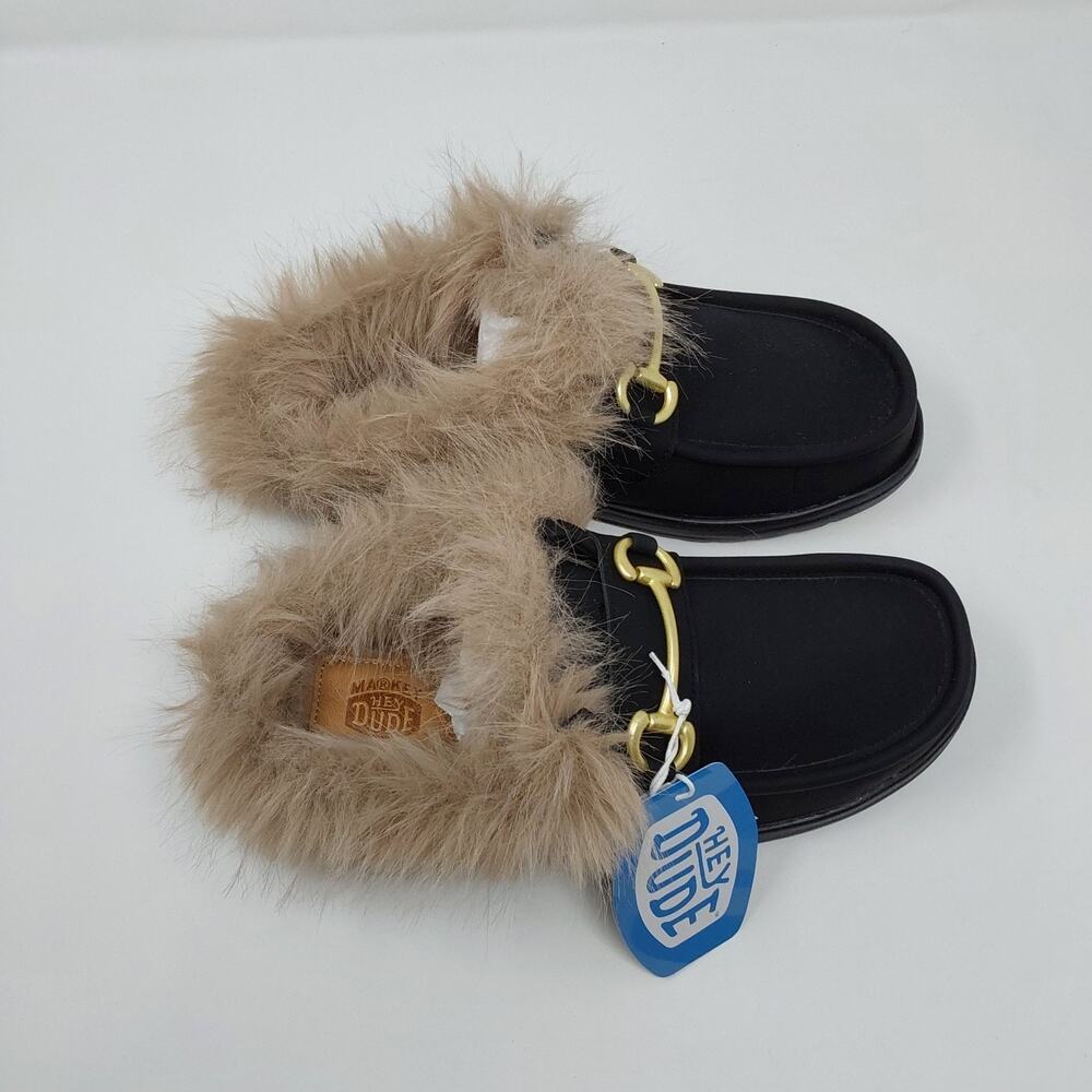 Hey Dude Wally Slip Loafer Market Black Fur Mule Slippers NWT - Picture 7 of 16